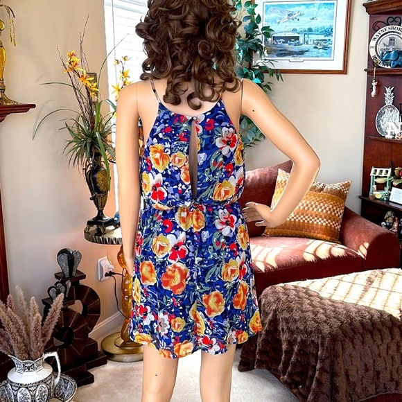 Runway Story Blue Floral Lined Dress Strappy Tank Cinched Waist Mini Flowy - Picture 3 of 16